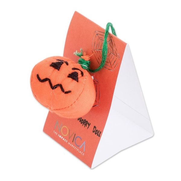 Alternate image for Handcrafted Cotton Pumpkin Worry Doll from Guatemala Bewitching Pumpkin