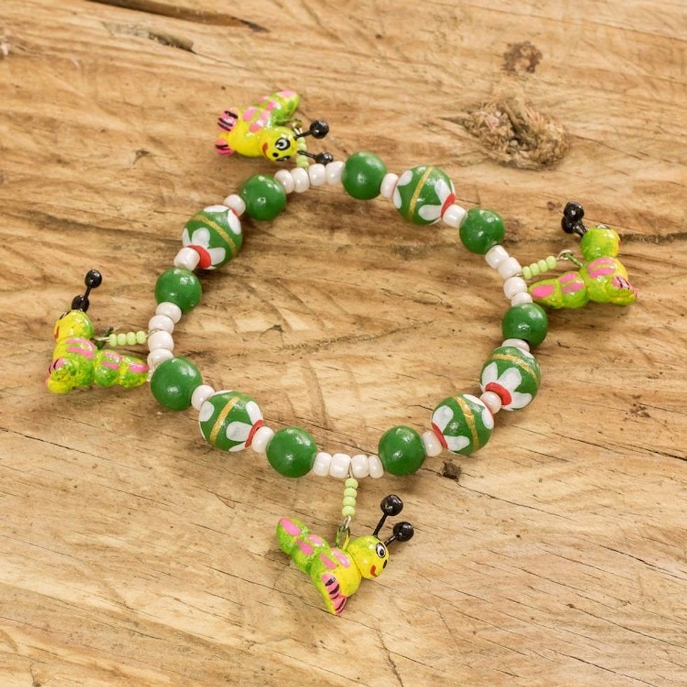 Handcrafted Ceramic Beaded Stretch Bracelet in Green 'Merry Caterpillars'