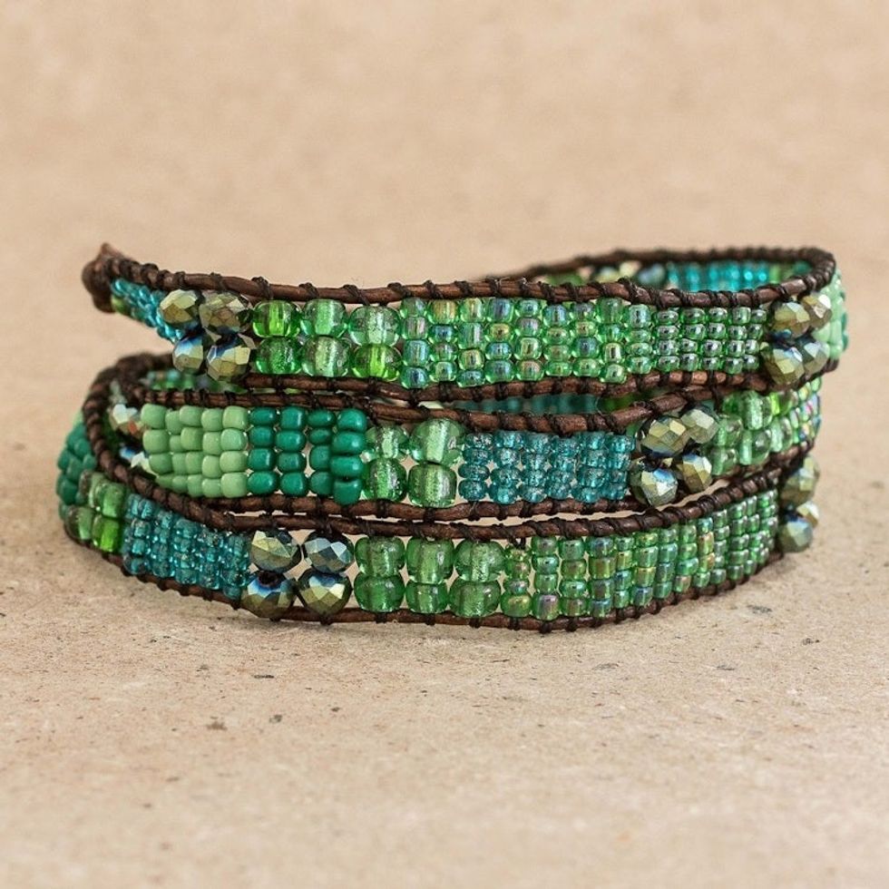 Glass Bead and Leather Wrap Bracelet in Green and Blue 'Budding Spring'