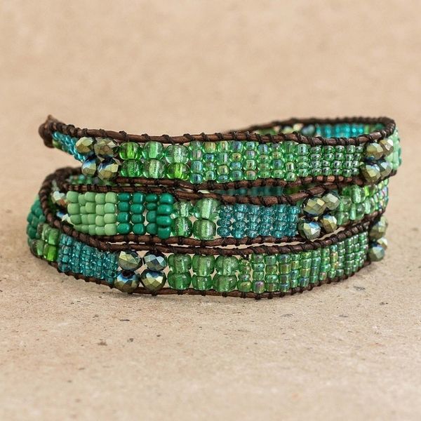 Alternate image for Glass Bead and Leather Wrap Bracelet in Green and Blue Budding Spring