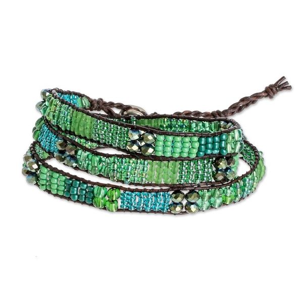 Alternate image for Glass Bead and Leather Wrap Bracelet in Green and Blue Budding Spring