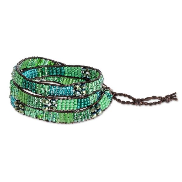 Alternate image for Glass Bead and Leather Wrap Bracelet in Green and Blue Budding Spring