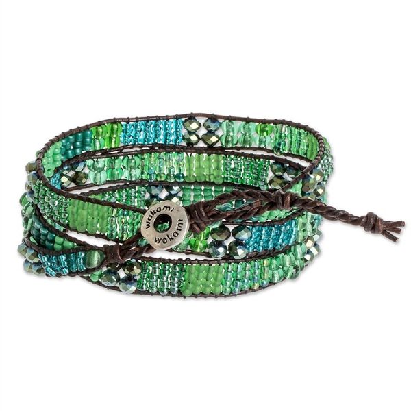 Alternate image for Glass Bead and Leather Wrap Bracelet in Green and Blue Budding Spring