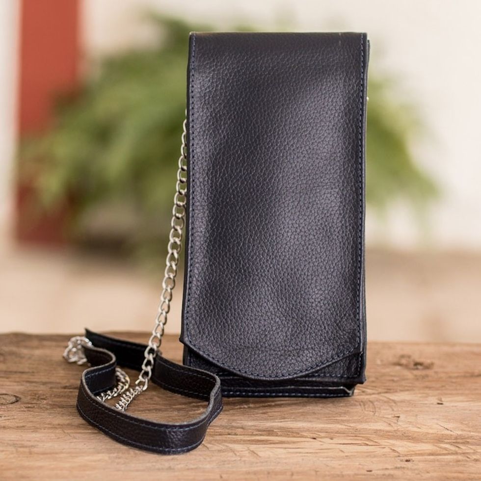 Handcrafted Navy Leather Cellphone Wallet from Costa Rica 'Handy Elegance in Navy'