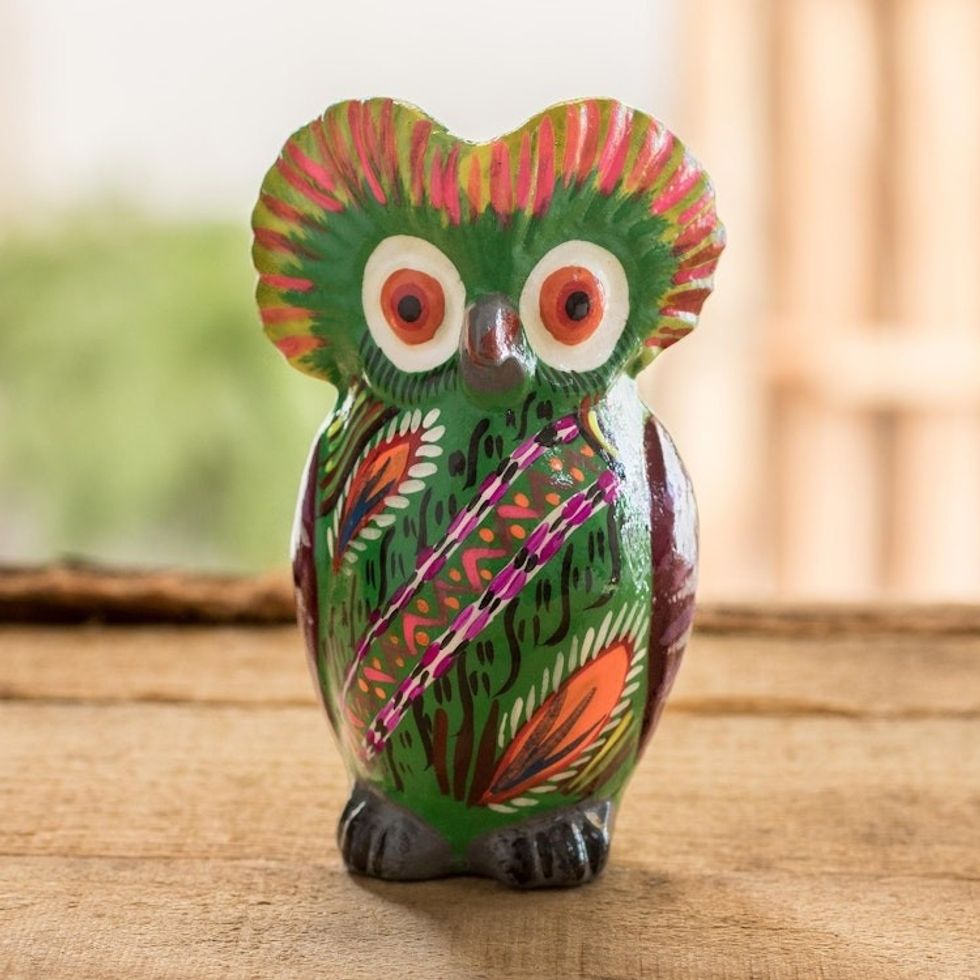 Decorated Green Ceramic Owl Figure from Guatemala 'Rainforest Owl'