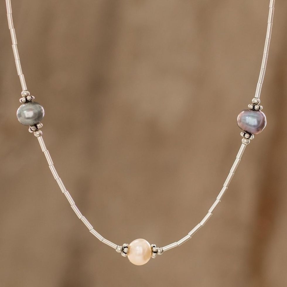 Purple and Pink Cultured Pearl and Sterling Silver Necklace 'Pink and Purple'