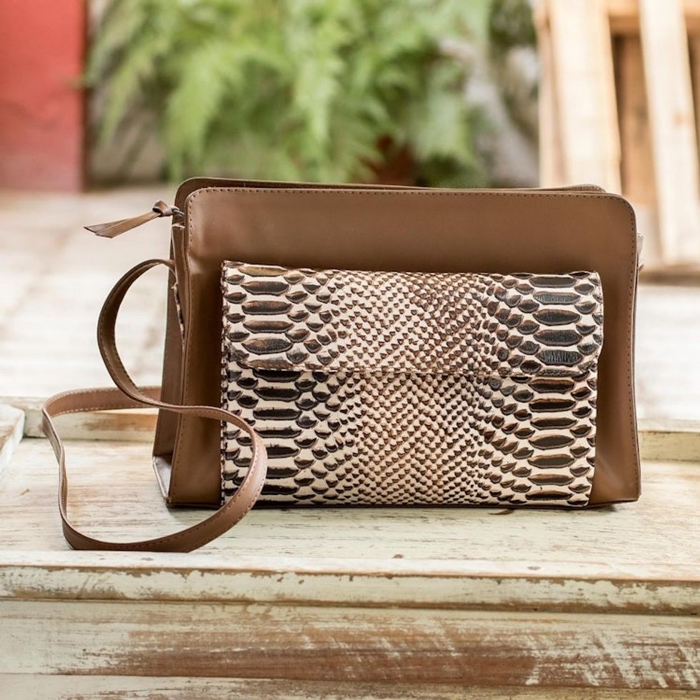Leather Shoulder Bag With Attached Wallet From Nicaragua 'Serpent Chic'