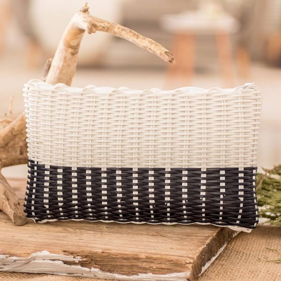 White and Black Recycled Vinyl Cord Cosmetic Bag Small 'Light over Darkness'