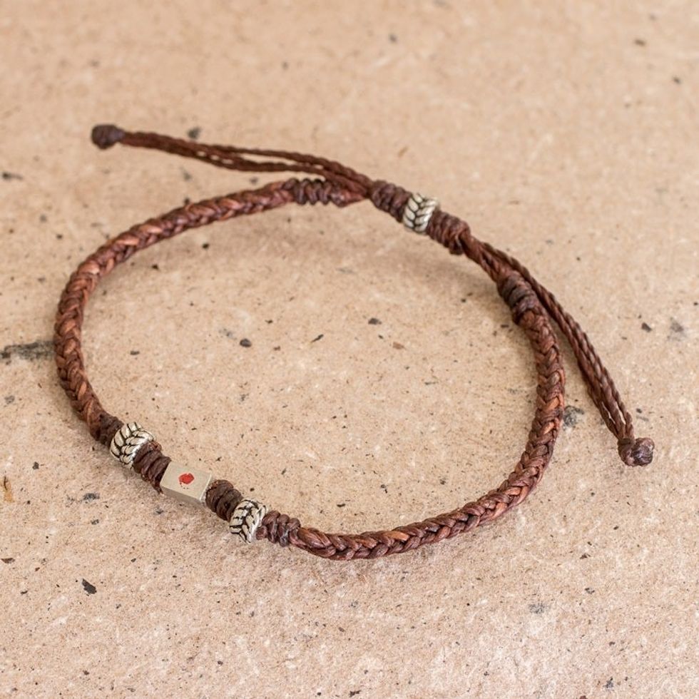 Handcrafted Leather Braided Pendant Bracelet from Guatemala 'Red Point'