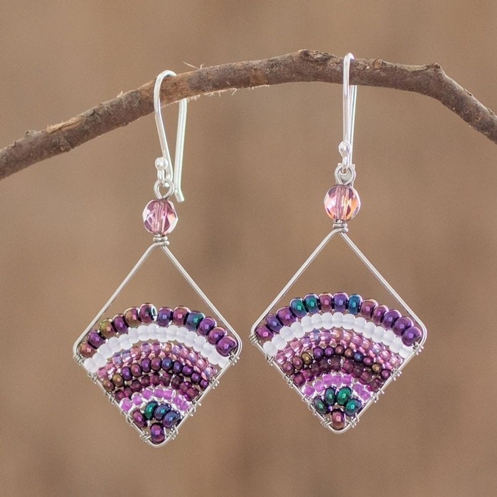 Purple Dangle Earrings With Glass Beads and Silver Hooks 'Purple Bead Rainbow'