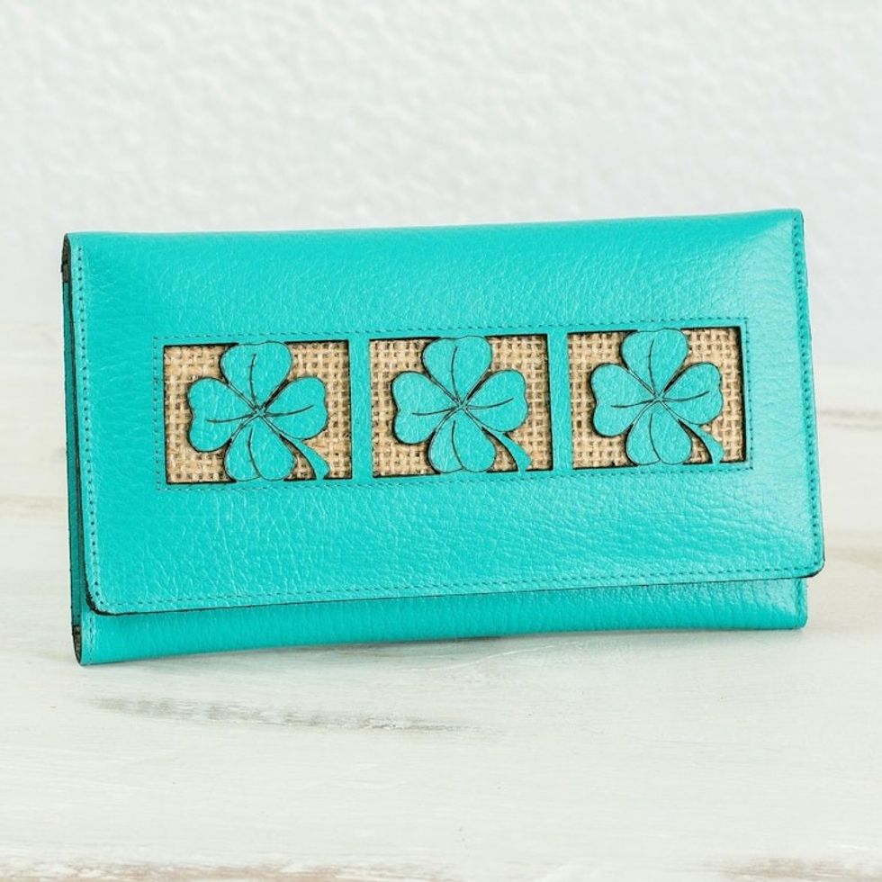Clover Theme Jute Trim Turquoise Leather Wallet 'Turquoise Lucky Clover'