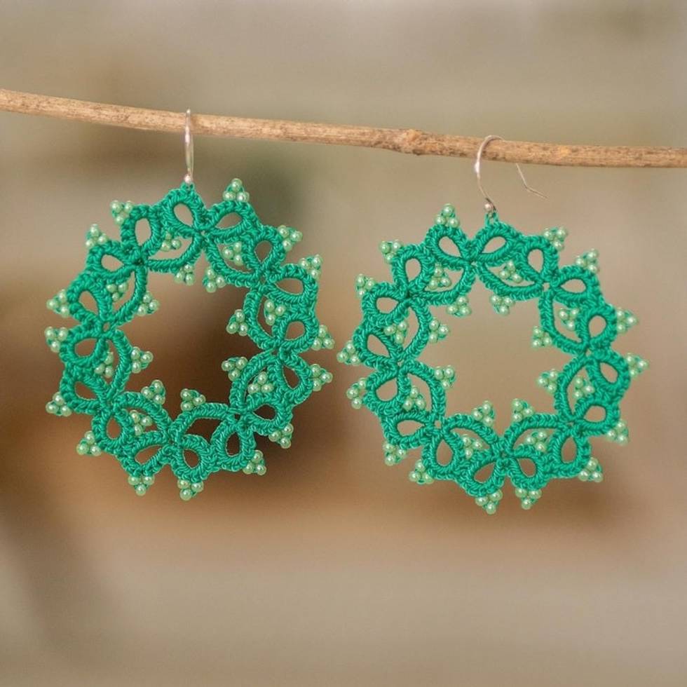 Green Hand-Tatted Dangle Earrings with Glass Beads 'Green Winds'