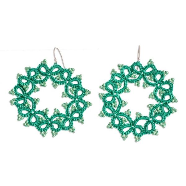 Alternate image for Green Hand-Tatted Dangle Earrings with Glass Beads Green Winds