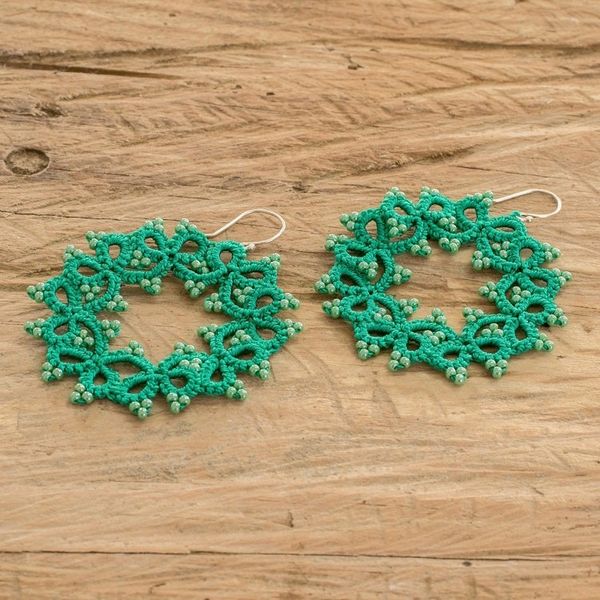Alternate image for Green Hand-Tatted Dangle Earrings with Glass Beads Green Winds