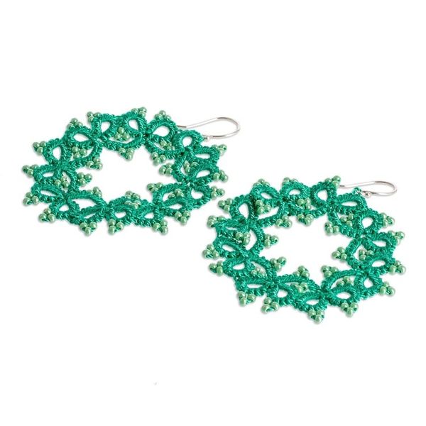 Alternate image for Green Hand-Tatted Dangle Earrings with Glass Beads Green Winds