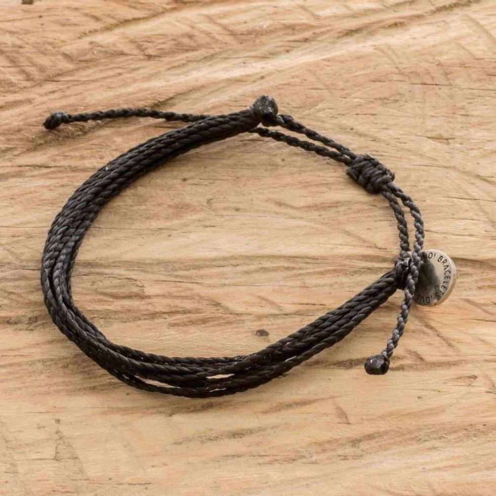 Unisex Black Cord Wristband Bracelet with Strands and Charm 'Charcoal'