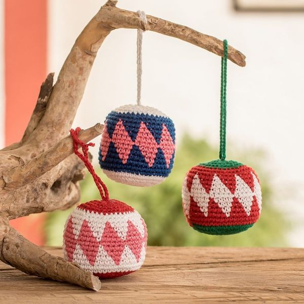 Alternate image for Set of 3 Hand-Knit Cotton Crocheted Ornaments from Guatemala Home Harmony