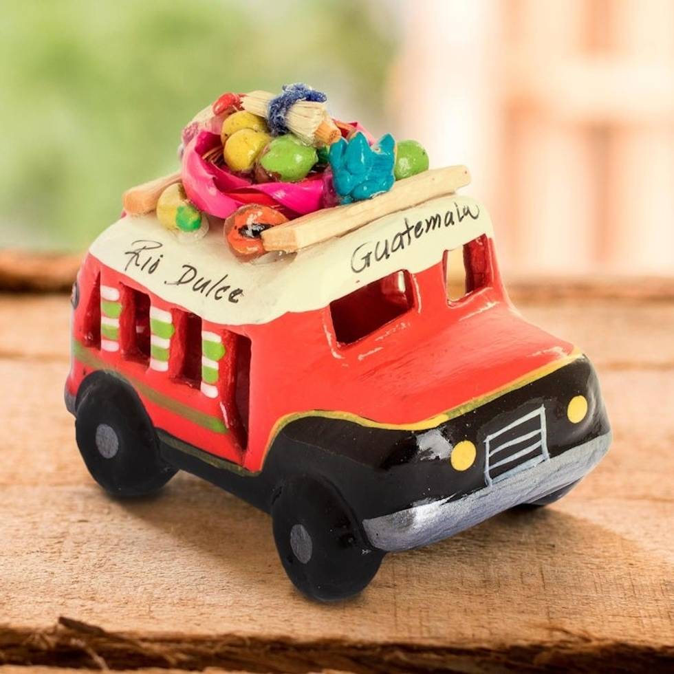 Red and Black Ceramic Bus Decoration from Guatemala 'Red and Black Old Time Bus'