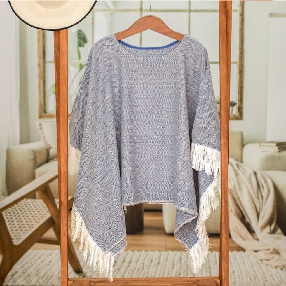 Handloomed Cotton Poncho in Blue from El Salvador 'Blue Sand'