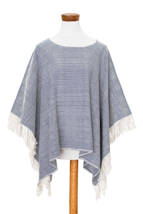 Alternate image for Handloomed Cotton Poncho in Blue from El Salvador Blue Sand