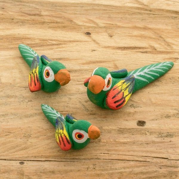 Alternate image for Set of 3 Macaw Ceramic Figurines Handcrafted in Guatemala Colorful Macaw Reunion