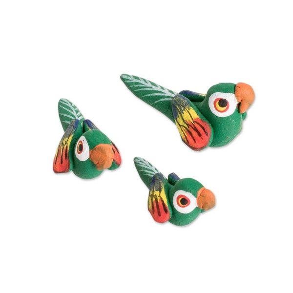 Alternate image for Set of 3 Macaw Ceramic Figurines Handcrafted in Guatemala Colorful Macaw Reunion