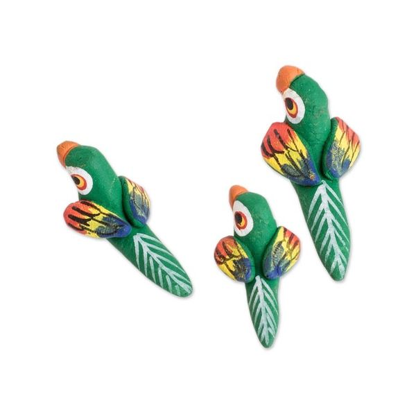 Alternate image for Set of 3 Macaw Ceramic Figurines Handcrafted in Guatemala Colorful Macaw Reunion