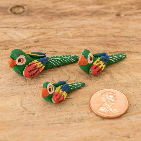 Alternate image for Set of 3 Macaw Ceramic Figurines Handcrafted in Guatemala Colorful Macaw Reunion