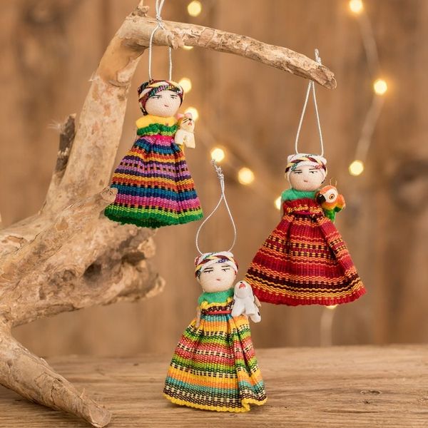 Alternate image for Set of 3 Handcrafted Cotton Worry Doll Ornaments Animal Friendship