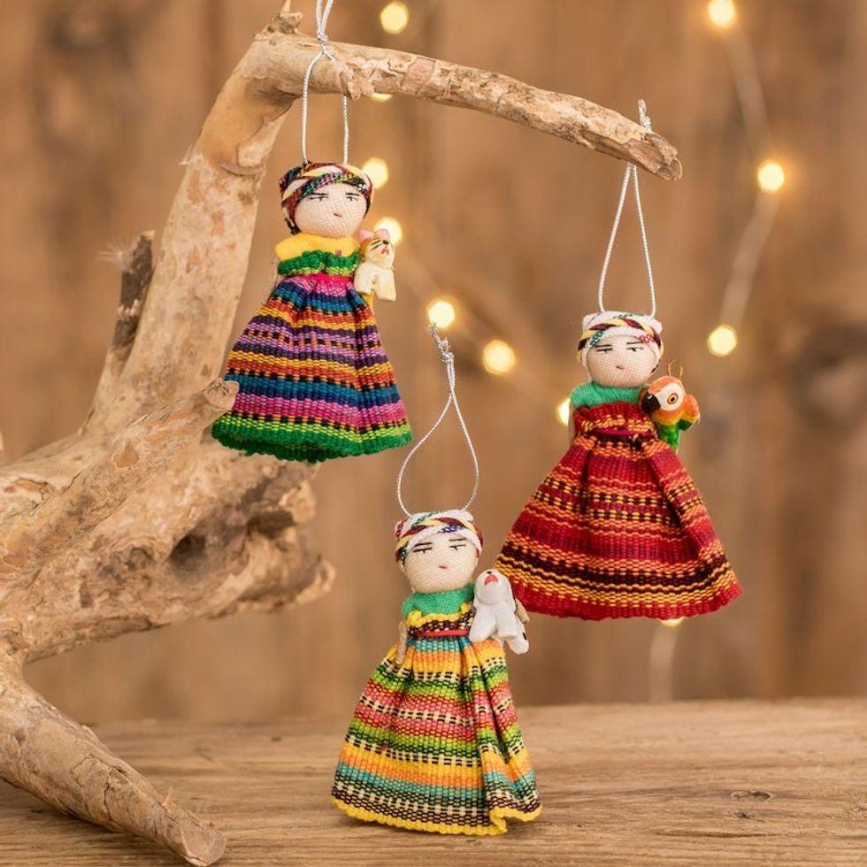 Set of 3 Handcrafted Cotton Worry Doll Ornaments 'Animal Friendship'