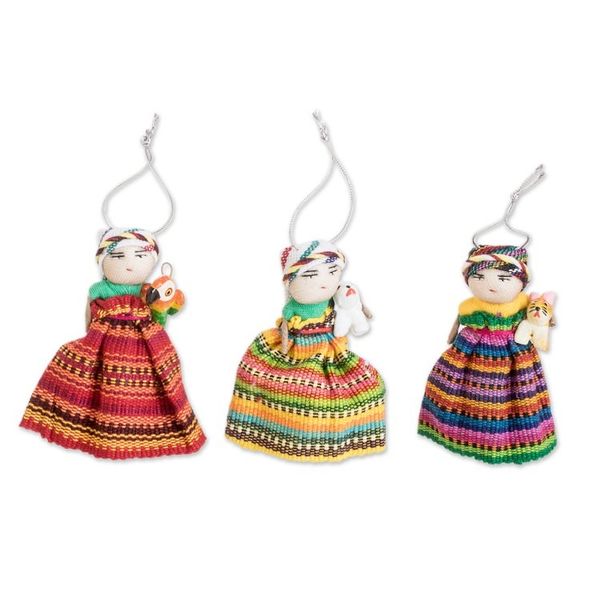 Alternate image for Set of 3 Handcrafted Cotton Worry Doll Ornaments Animal Friendship