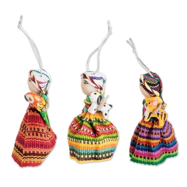 Alternate image for Set of 3 Handcrafted Cotton Worry Doll Ornaments Animal Friendship