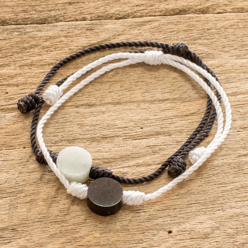 Guatemalan White and Black Cord Bracelets with Jade Pair 'Jade Light and Darkness'