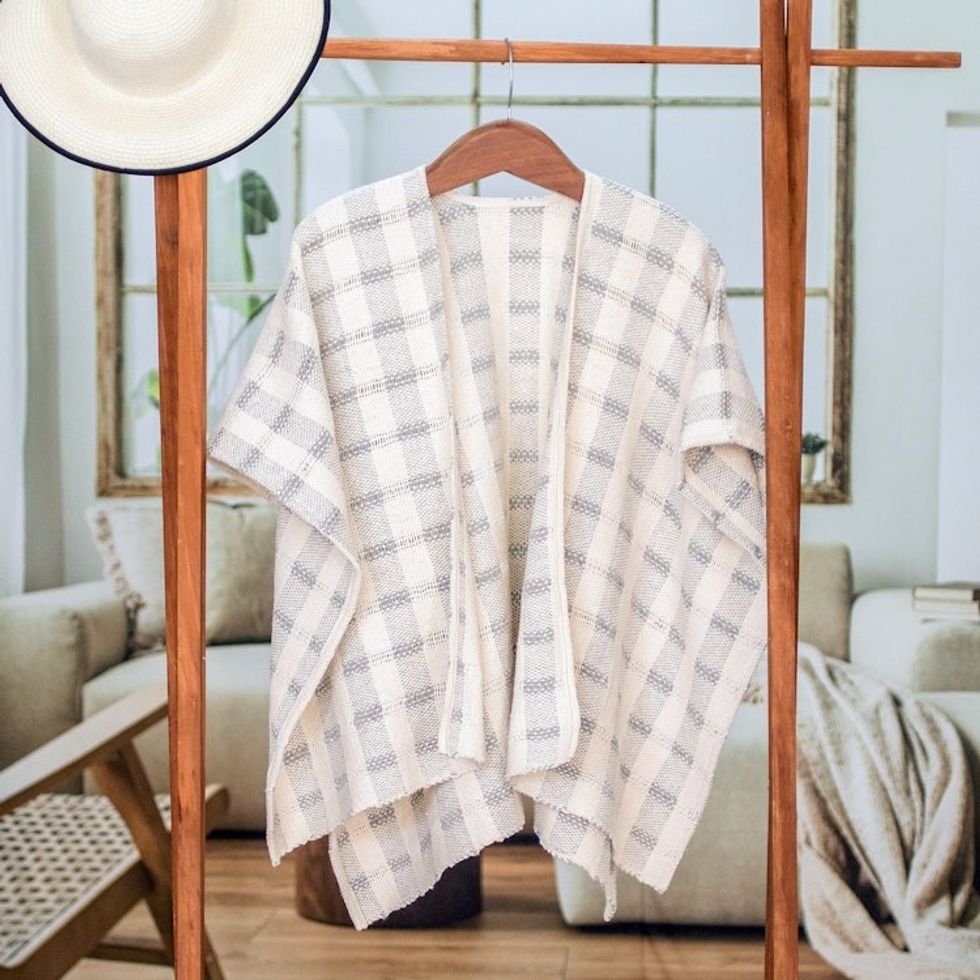 Striped Grey Ruana Made with 100 Cotton in El Salvador 'Grey Cojutepeque Stripes'