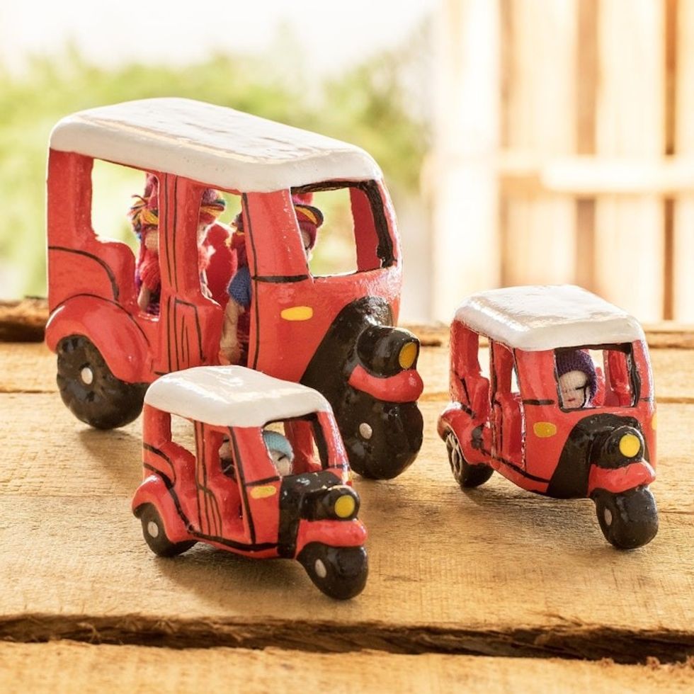 Mini Red Tuc Tuc Taxis with Dolls from Guatemala Set of 3 'Red Tuc Tucs'