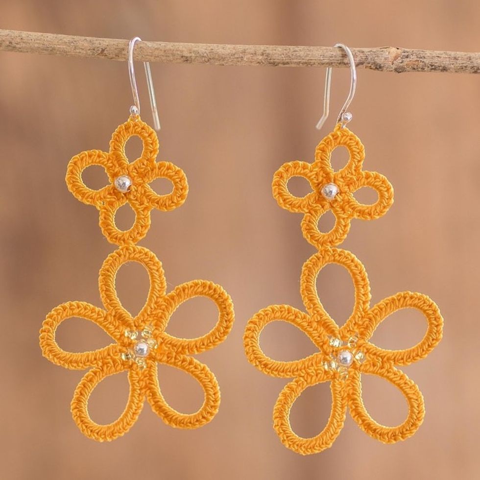 Hand-Tatted Floral Dangle Earrings in Yellow 'Yellow Flora'