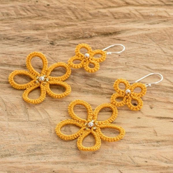 Alternate image for Hand-Tatted Floral Dangle Earrings in Yellow Yellow Flora