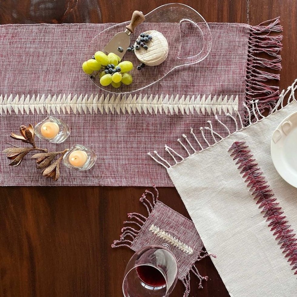 Handloomed Cotton Table Runner in Cordovan and Alabaster 'Homey Elegance'