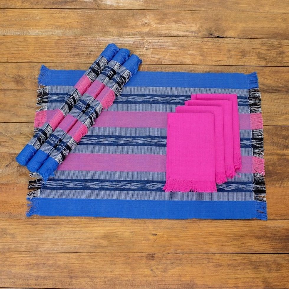 Handwoven Cotton Carmine Placemats with Napkins Set of 4 'Carmine Affection'