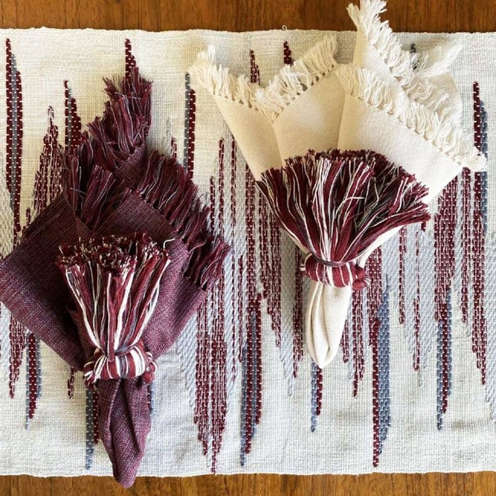 Set of 4 Handloomed Cotton Napkins and Rings from Guatemala 'Traditional Delight'