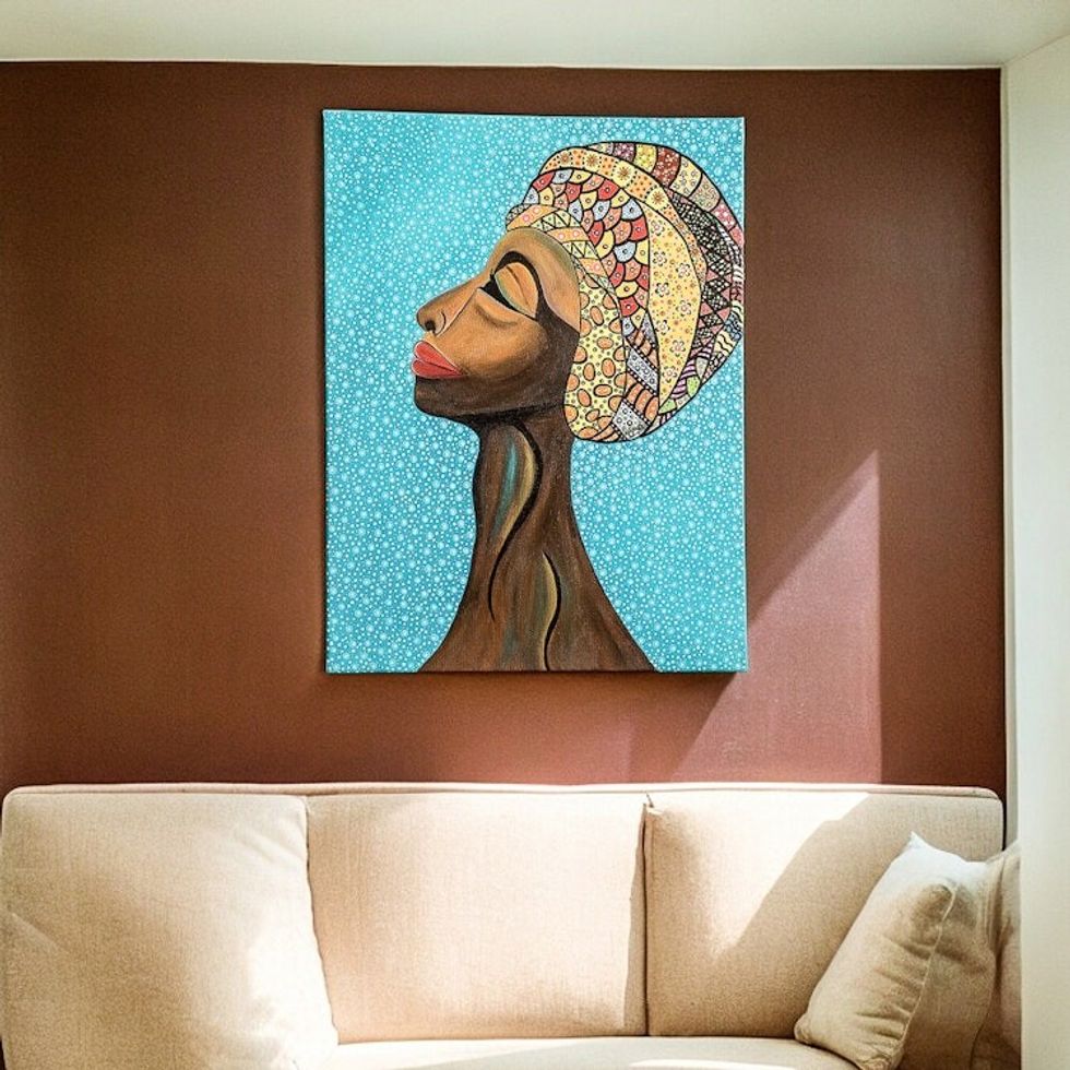 Acrylic on Canvas Painting of Woman in Expressionist Style 'Love for My Land'