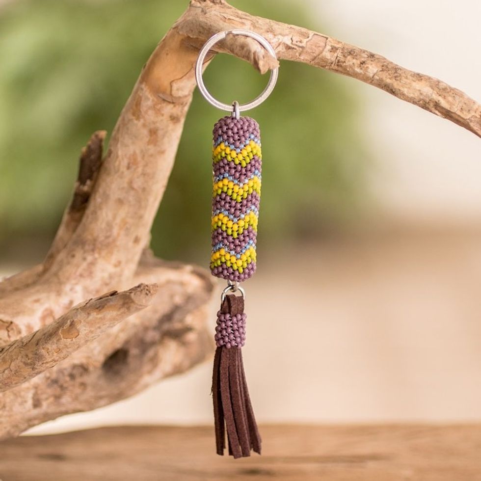 Beaded Leather Keychain and Bag Charm Handmade in Guatemala 'Absolute Harmony'