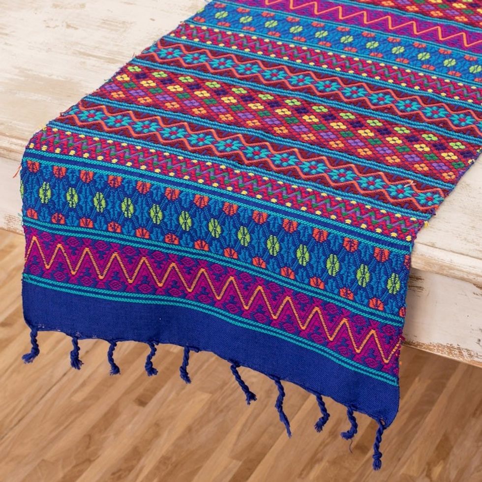 Multicolored Hand-Woven Cotton Table Runner with Fringes 'Azure Delight'