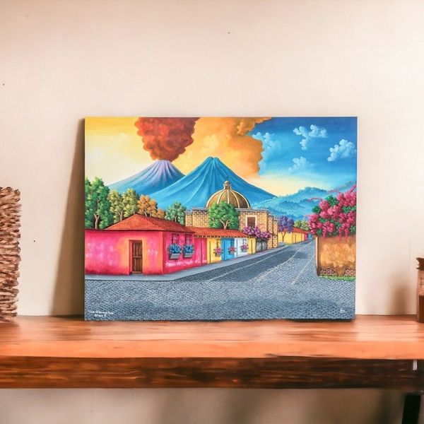 Alternate image for Signed Stretched Oil Painting of Guatemalan Street Hermano Pedros House