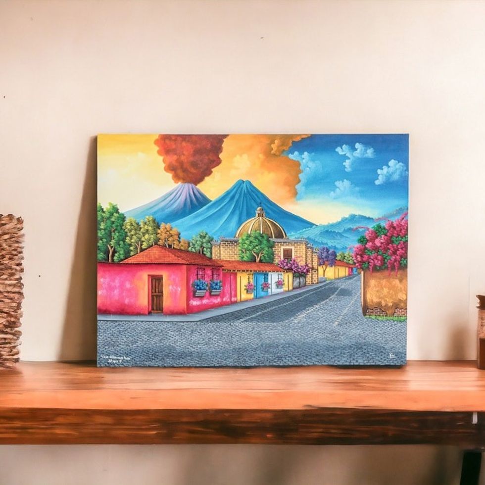 Signed Stretched Oil Painting of Guatemalan Street 'Hermano Pedro's House'