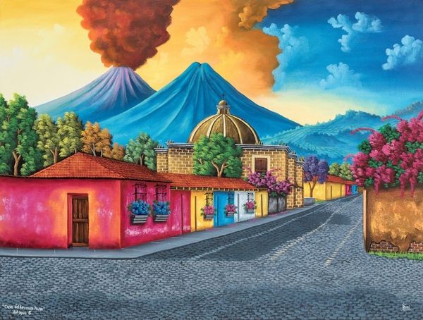 Alternate image for Signed Stretched Oil Painting of Guatemalan Street Hermano Pedros House