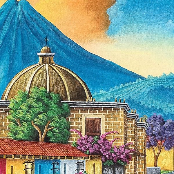Alternate image for Signed Stretched Oil Painting of Guatemalan Street Hermano Pedros House