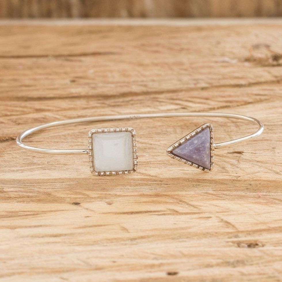 Geometric-themed Sterling Silver and Jade Cuff Bracelet 'Geometric Shapes in Lilac'