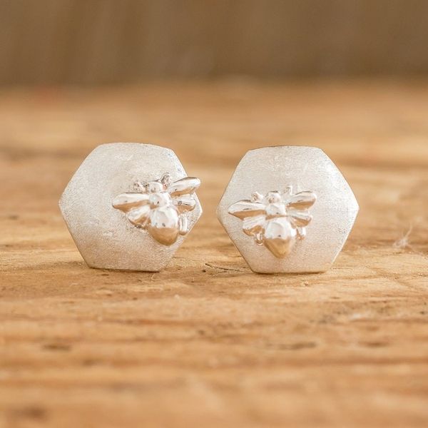 Alternate image for 925 Sterling Silver Button Earrings from Costa Rica Sweet Little Bee