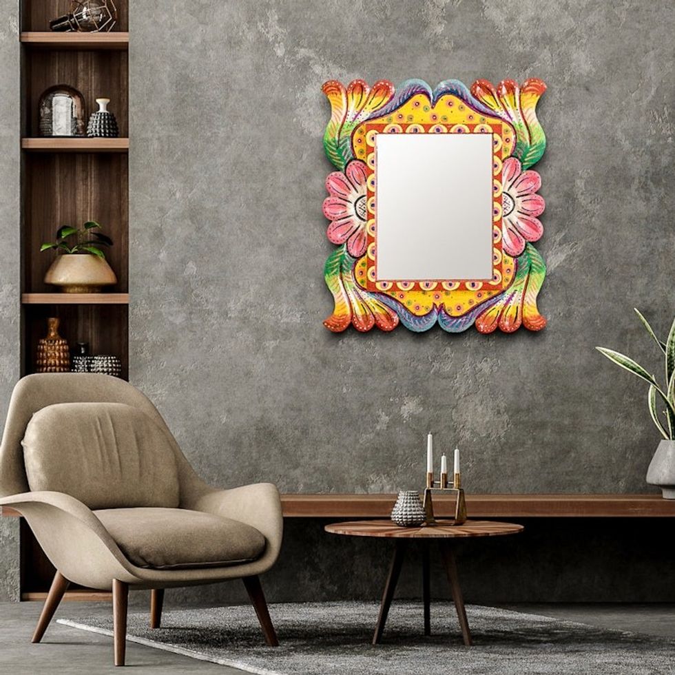 Bright Hand Carved Wood Framed Wall Mirror from Guatemala 'Guatemalan Reflection'